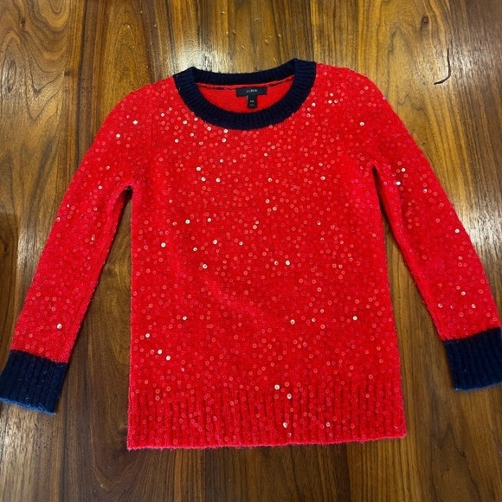 J. Crew Red Poppy Sequin and Navy Trimmed Sweater XXS Like New